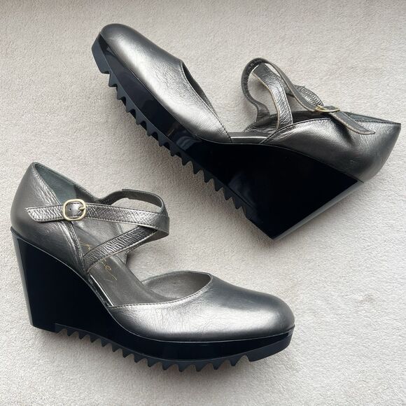 Espace Bronze Leather Platform Wedge Heel Mary Jane Women EU 40.5 US 9 Lug Sole